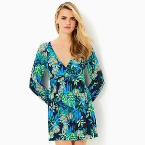 Lilly Pulitzer Blue and Green Floral V-Neck Swim Coverup